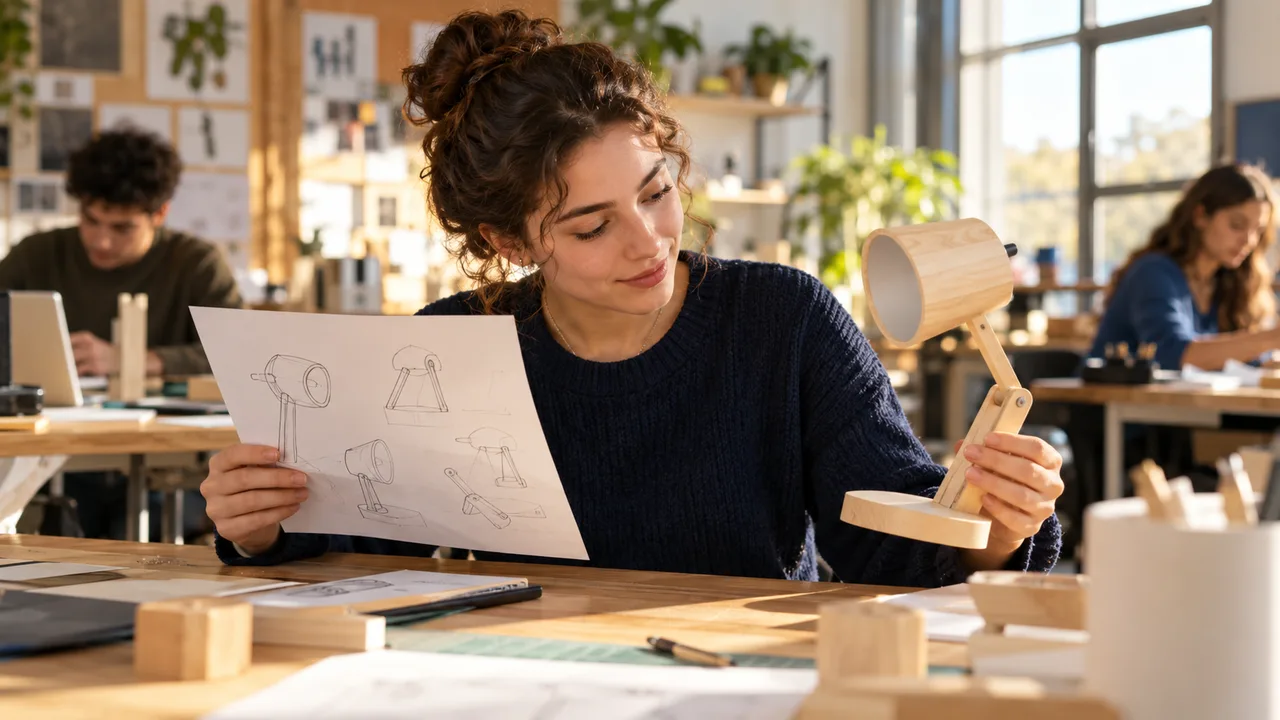 Öğrenci ilk çizimini bitmiş masa lambası prototipiyle karşılaştırıyor.